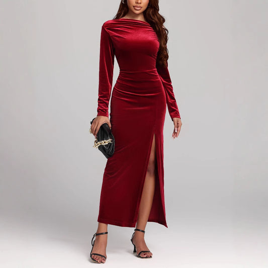 Women Clothing Autumn Winter Sexy Slit Formal Dress Maxi Dress Pleuche Dress
