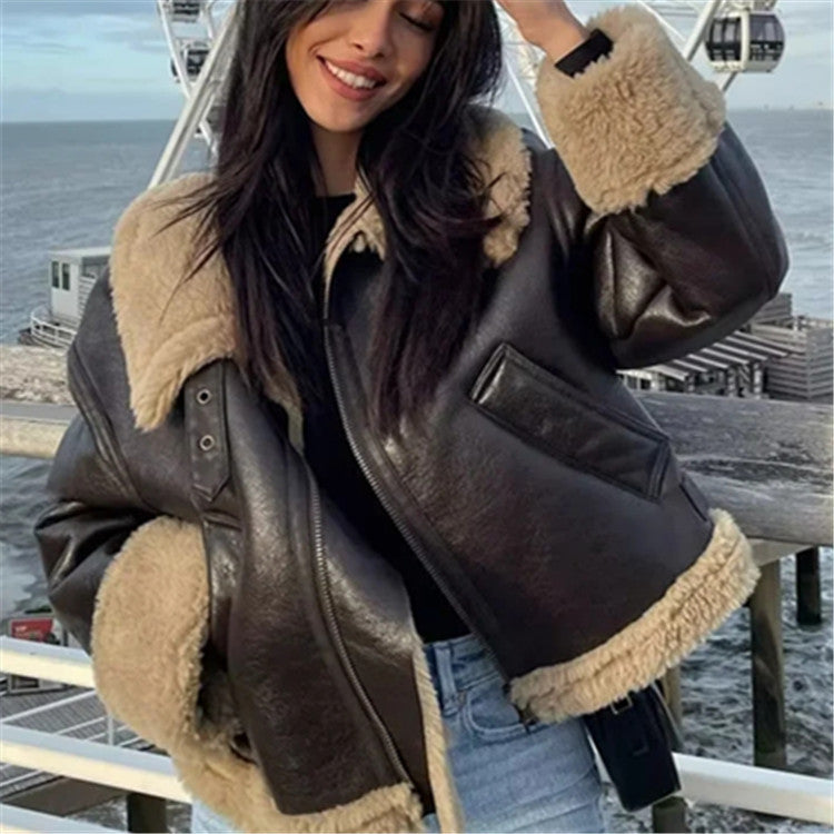 Motorcycle Clothing Women Winter Fur Coat Zipper Jacket Thickened Clothes