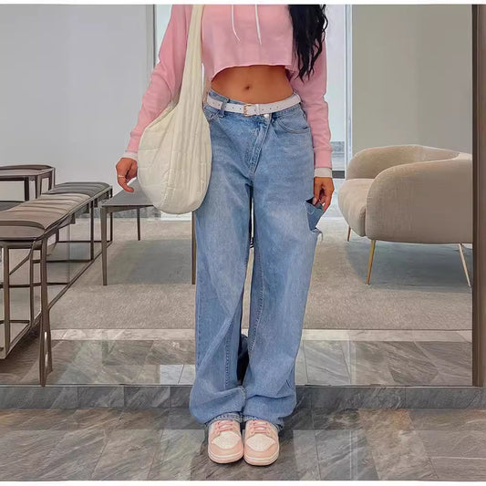 Women Waist Low Waist Loose Hole Jeans