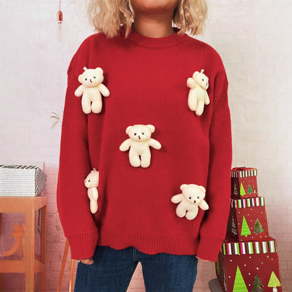 Women Autumn Winter Christmas Patchwork Three Dimensional Bear Sweater Casual Cute Knitted