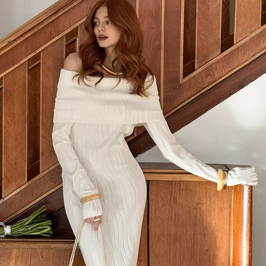 Sexy off Shoulder Knitted Dress Autumn Texture Slim Fit Sheath Fishtail