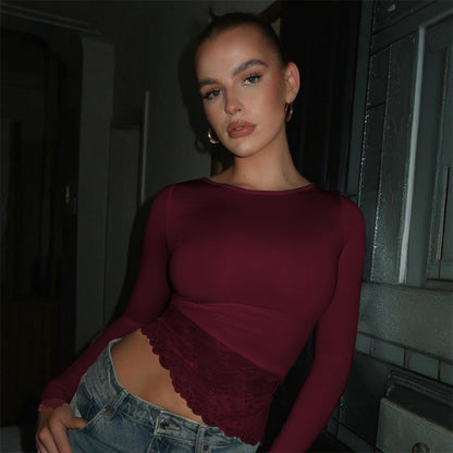 Pure round Neck Lace Stitching Long Sleeve T shirt Women Autumn Inner Wear Bottoming Shirt Spicy