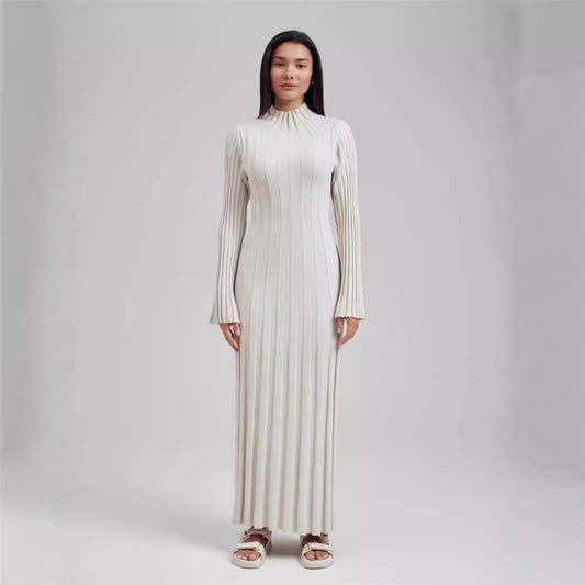 Autumn Winter Knitted Dress Casual Waist Tight round Neck Large Pit High Collar Slimming Knitted Maxi Dress for Women