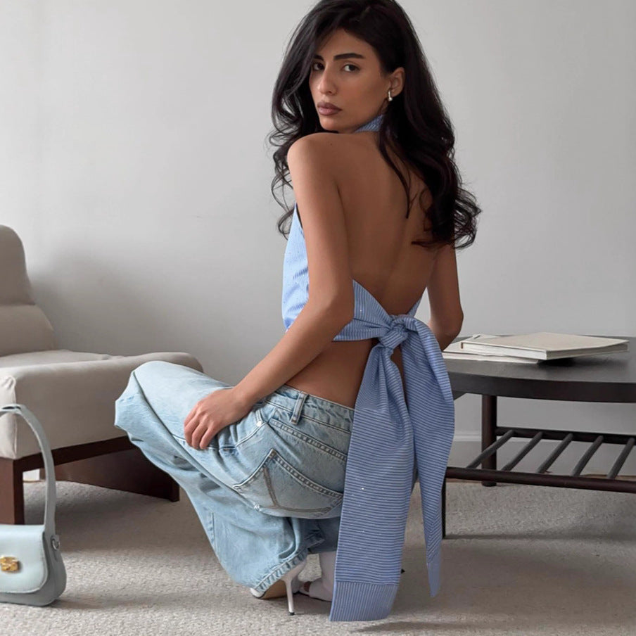 Sexy Short Jacquard Halter Backless Striped Spaghetti Straps Summer Vest for Women