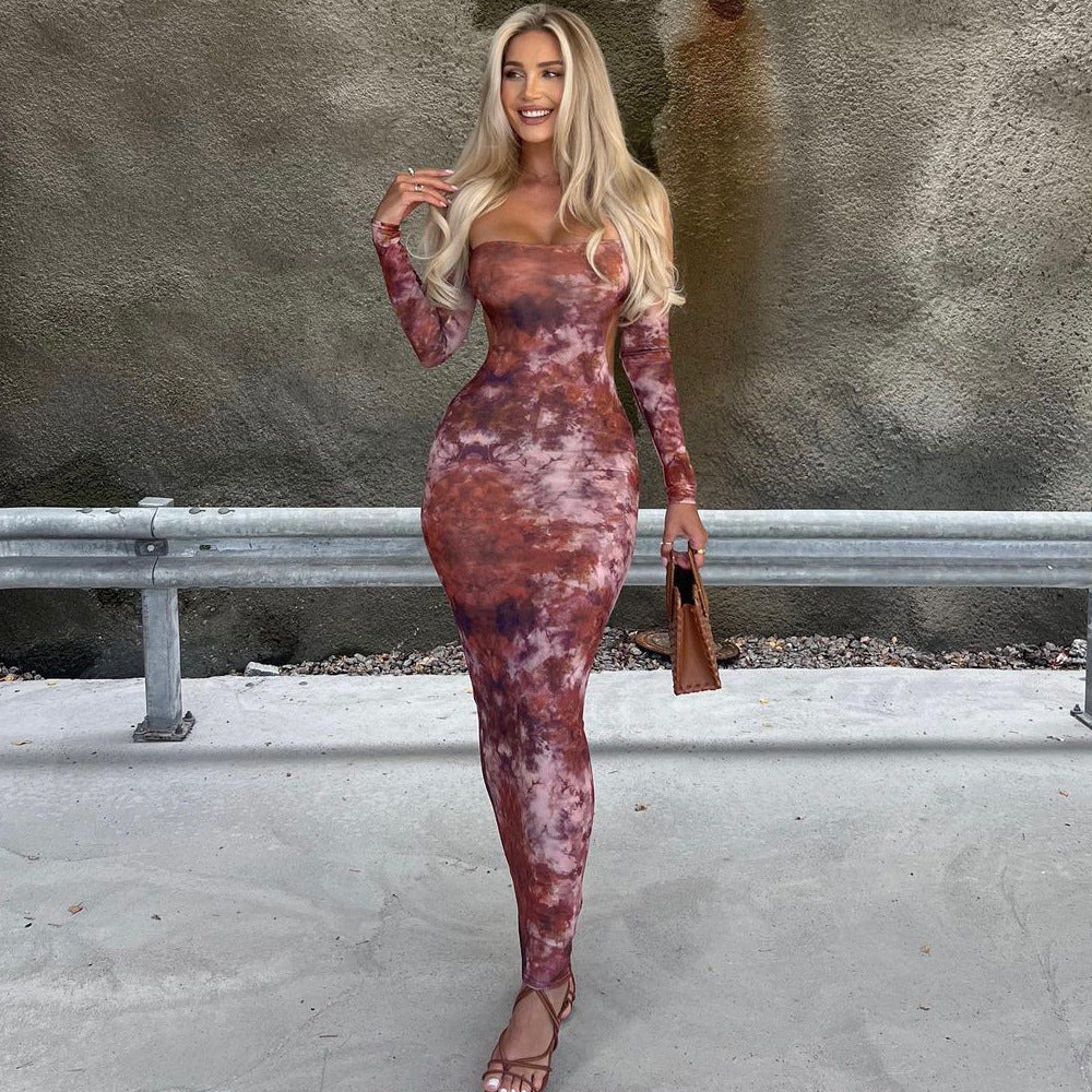 Autumn Sexy off Neck Tube Top Backless Print Slim Dress