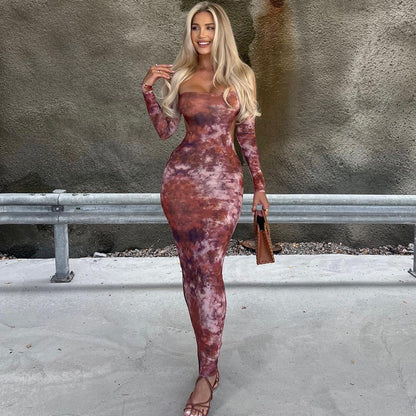 Autumn Sexy off Neck Tube Top Backless Print Slim Dress