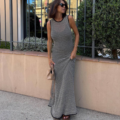 Striped Knitted Maxi Dress Sleeveless Hollow Out Cutout Beach Bohemian Casual Maxi Dress Women