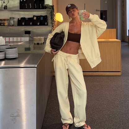 Autumn Button Cardigan Coat High Waist Solid Color Loose Trousers Idle Set