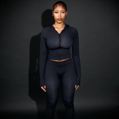 Autumn Winter Women Clothing Hooded Long Sleeve Leopard Print Sports Slim Fitting Trousers Two Piece Set