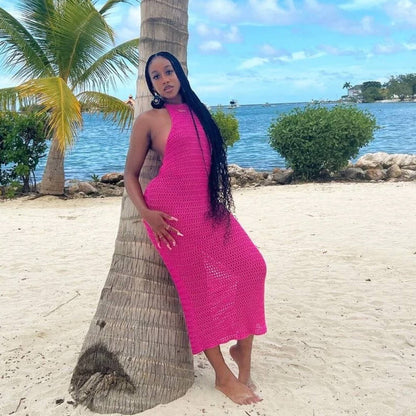 Halter Backless Maxi Dress Knitted Sleeveless Beach Bohemian Long Hollow Out Cutout Dress Women