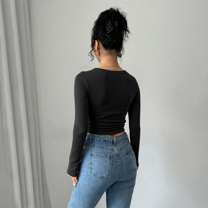 Autumn Sexy Square Collar off Shoulder Long Sleeve Women tretch Tight Cropped T shirt