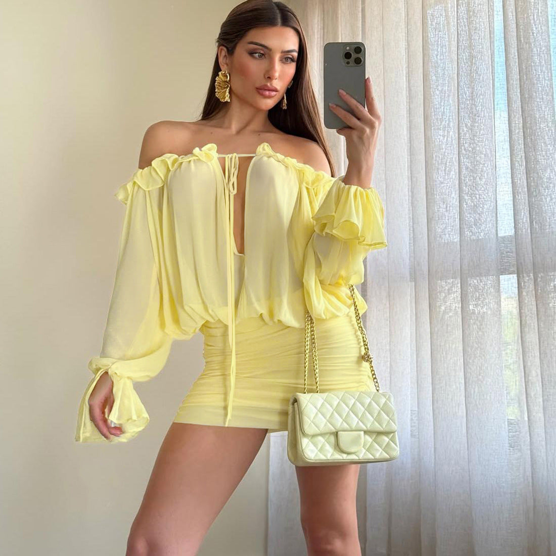 Fall Women Clothing Sexy off the Shoulder Hollow Out Cutout out Tied Solid Color Slim Hip Bag Dress