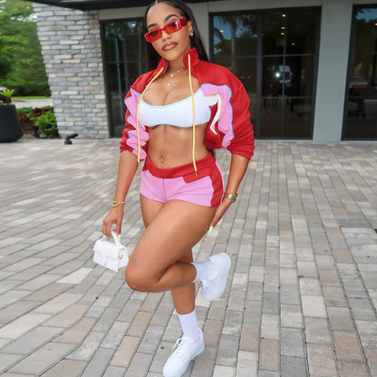 Summer Women High Collar Long Sleeve Top Hip Shorts Sports Casual Set