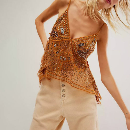 Sexy See through Backless Temptation Casual Trend Rhinestone Camisole Beach Sun Protection Vest