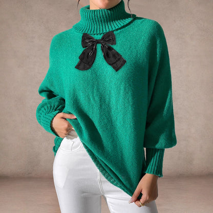 Women Christmas Shirt Autumn Winter Batwing Sleeve Top Lace Bow Stitching Turtleneck Pullover