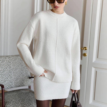 Women Clothes Autumn Winter round Neck Long Sleeve Pullover Sweater Skirt Two Piece Set Sweater Set
