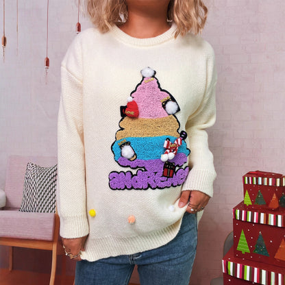 Retro Christmas Tree Knitted Pullover Crew Neck Casual Warm Chic Sweater Women