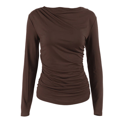 Autumn Arrival Pleating Niche Slim Waist Tight Sexy Long Sleeve Bottoming Shirt for Women