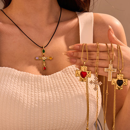 Arrival Colorful Crystals Cross Stainless Steel Necklace Love Natural Stone Clavicle Chain Titanium Steel Embellished