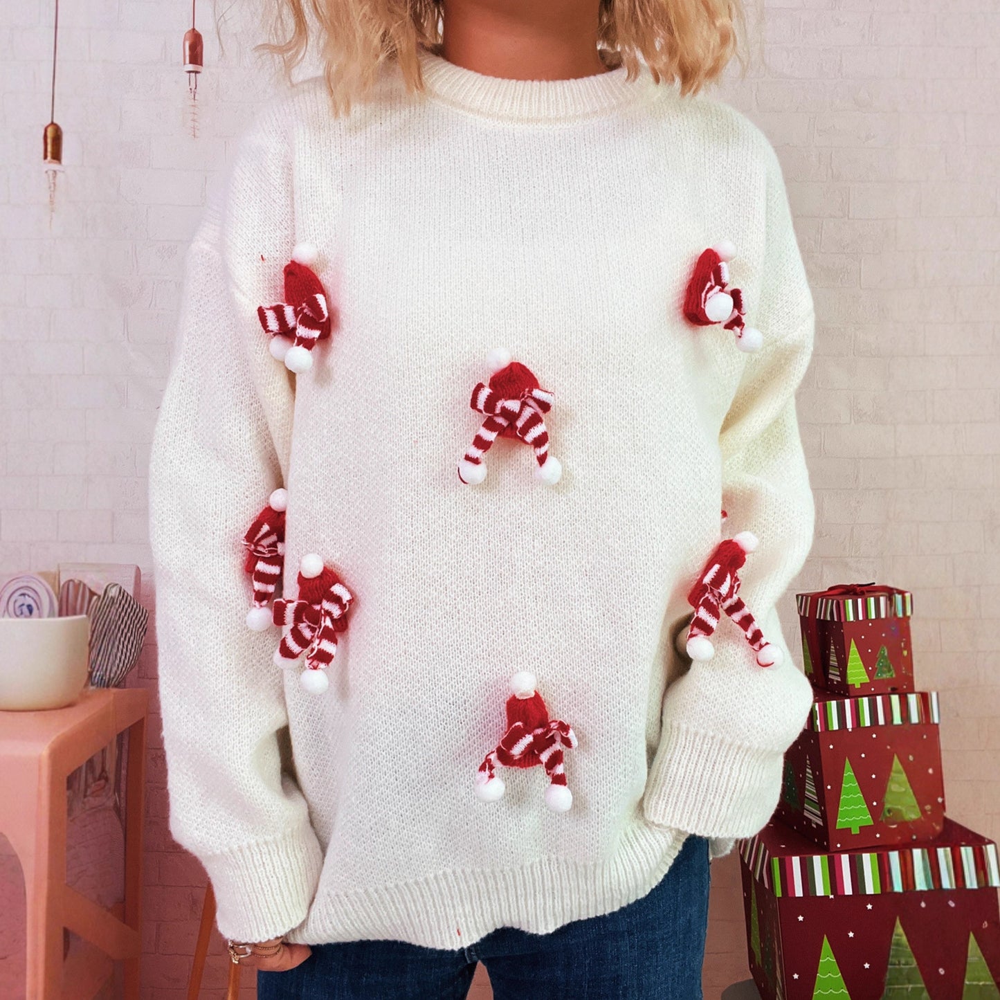 Autumn Winter Christmas Patchwork Bow Sweater Crew Neck Casual