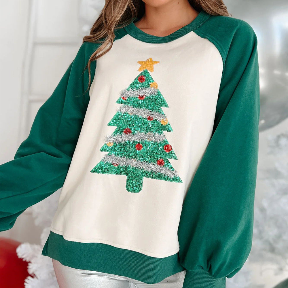 Christmas Tree Sequin Brushed Hoody Women Clothing Pullover Long Sleeve Loose Top Autumn Winter