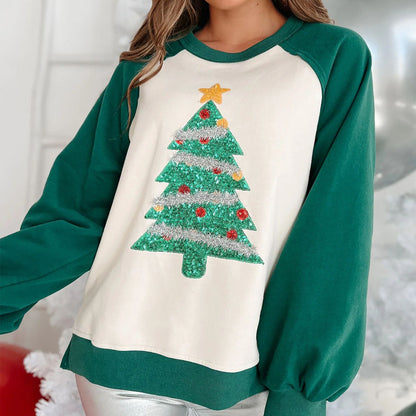Christmas Tree Sequin Brushed Hoody Women Clothing Pullover Long Sleeve Loose Top Autumn Winter