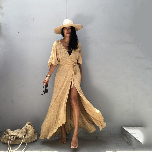 Sunscreen Cardigan Women Solid Color Lace-up Cardigan Half Sleeve Beach Sun Protection Bikini Coat Women