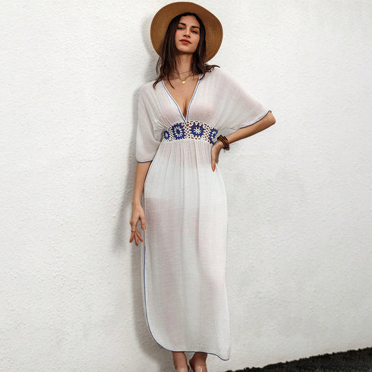 Summer Solid Color Dress Knitted Embroidered Holiday Beach Sun Shield Women