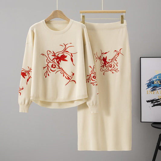 Autumn Winter Embroidery Casual Women Fashionable Loose Western Two Piece Set