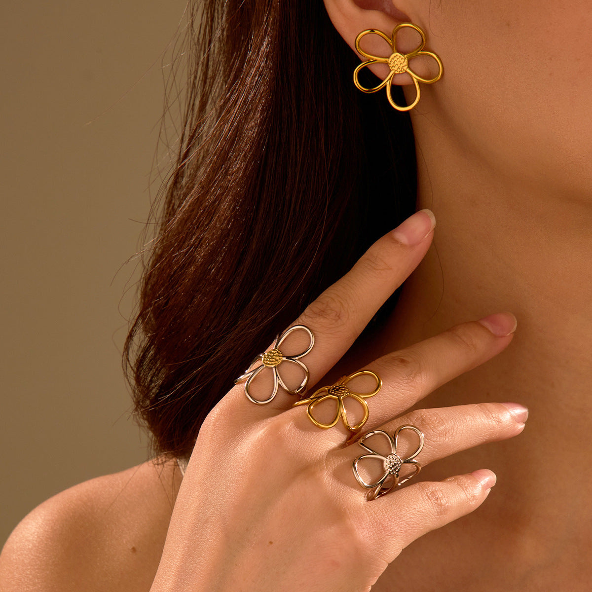 Gold Silver Color Matching Hollow Out Cutout out Floral Titanium Steel Ring Stainless Steel Earrings Mild Luxury Retro Earrings Hand Jewelry