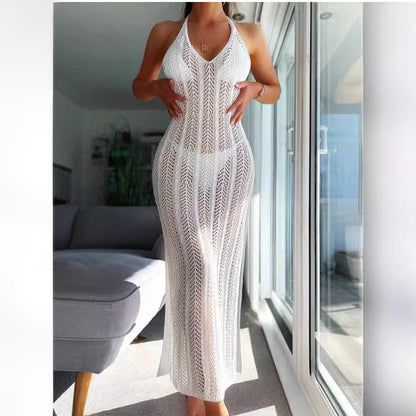 Sexy Cutout See through Beach Sleeveless Halter Dress Women Summer Slim Fit Slim Sexy Backless Maxi Dress