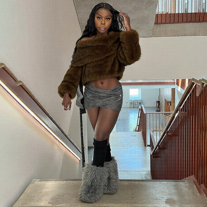 Fall Women Clothing Sexy Exposed Cropped off Shoulder Loose Comfortable Plush Top