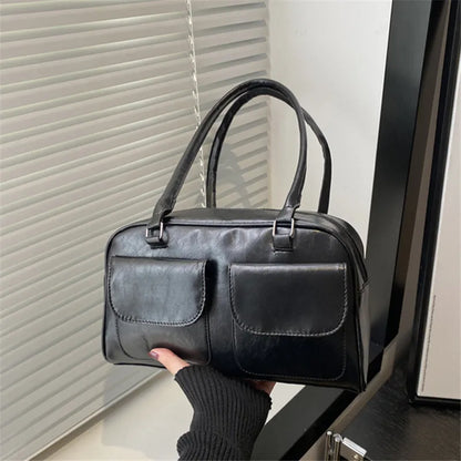 Black Brown PU Leather Tote Bag with Double Pouch Large Capacity Single Shoulder Armpit Bag Vintage Handbag Women for Daily Use
