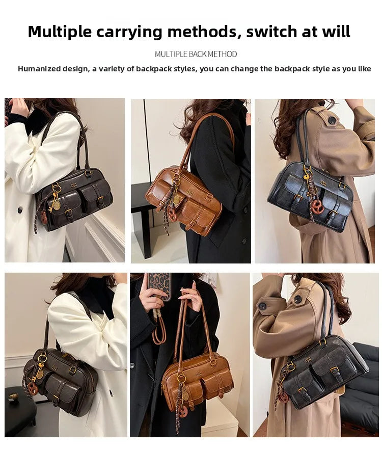 Women's Retro Solid Color Pu Leather Shoulder Bag with Multiple Pockets Large Capacity Comes with A Detachable Accessory Charm