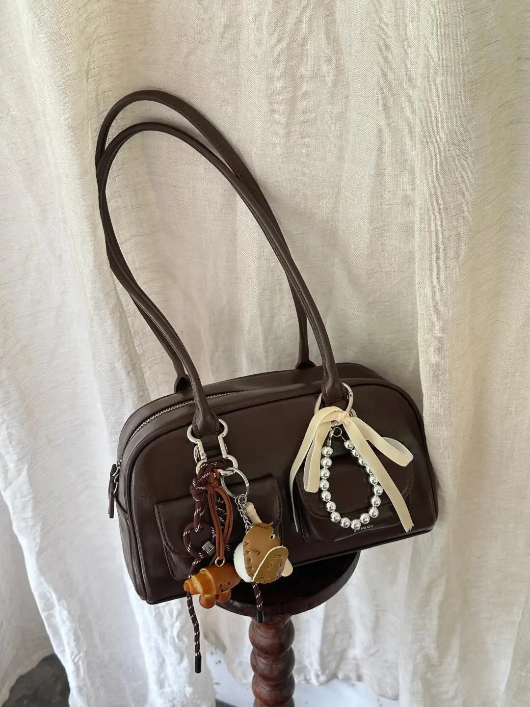 Black Brown PU Leather Tote Bag with Double Pouch Large Capacity Single Shoulder Armpit Bag Vintage Handbag Women for Daily Use