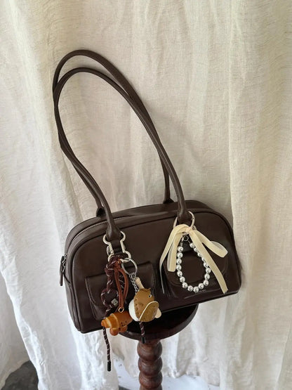 Black Brown PU Leather Tote Bag with Double Pouch Large Capacity Single Shoulder Armpit Bag Vintage Handbag Women for Daily Use