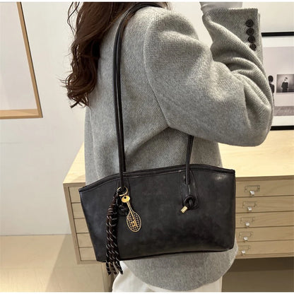 European American Retro Tote Bag, Korean Fashion Shoulder Bags Advanced Simple Handbag New Large Capacity Pendant Versatile Bags