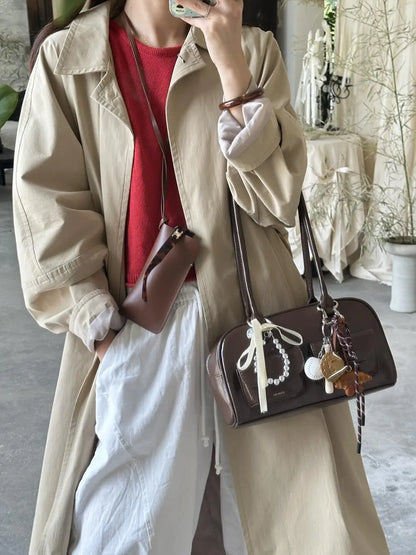 Black Brown PU Leather Tote Bag with Double Pouch Large Capacity Single Shoulder Armpit Bag Vintage Handbag Women for Daily Use