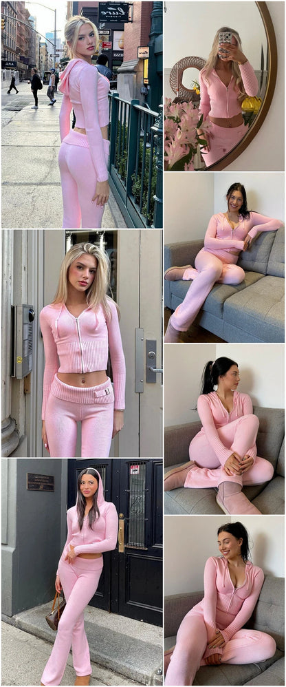 Tossy Knit Fashion 2 Piece-Set Trousers Hoodie Tracksuit Women Crop top Knitwear And Women's Pants Sets Female Trousers Outfits