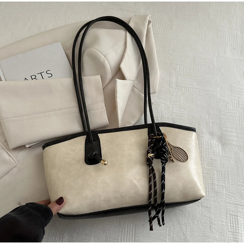 European American Retro Tote Bag, Korean Fashion Shoulder Bags Advanced Simple Handbag New Large Capacity Pendant Versatile Bags