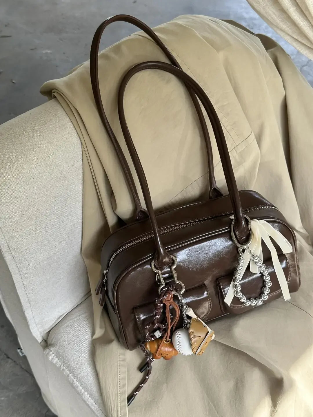 Black Brown PU Leather Tote Bag with Double Pouch Large Capacity Single Shoulder Armpit Bag Vintage Handbag Women for Daily Use