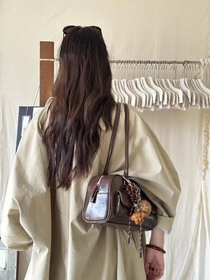 Black Brown PU Leather Tote Bag with Double Pouch Large Capacity Single Shoulder Armpit Bag Vintage Handbag Women for Daily Use