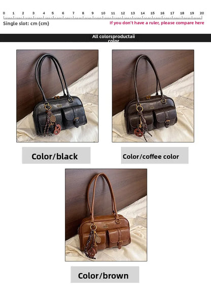Women's Retro Solid Color Pu Leather Shoulder Bag with Multiple Pockets Large Capacity Comes with A Detachable Accessory Charm