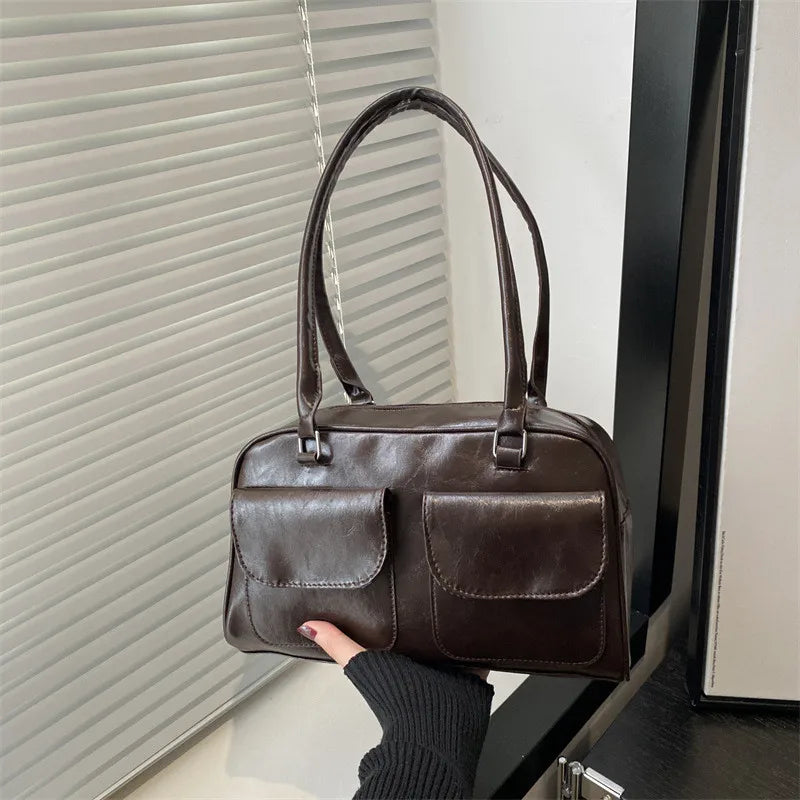 Black Brown PU Leather Tote Bag with Double Pouch Large Capacity Single Shoulder Armpit Bag Vintage Handbag Women for Daily Use