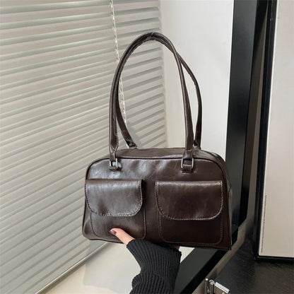Black Brown PU Leather Tote Bag with Double Pouch Large Capacity Single Shoulder Armpit Bag Vintage Handbag Women for Daily Use
