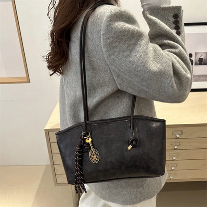European American Retro Tote Bag, Korean Fashion Shoulder Bags Advanced Simple Handbag New Large Capacity Pendant Versatile Bags