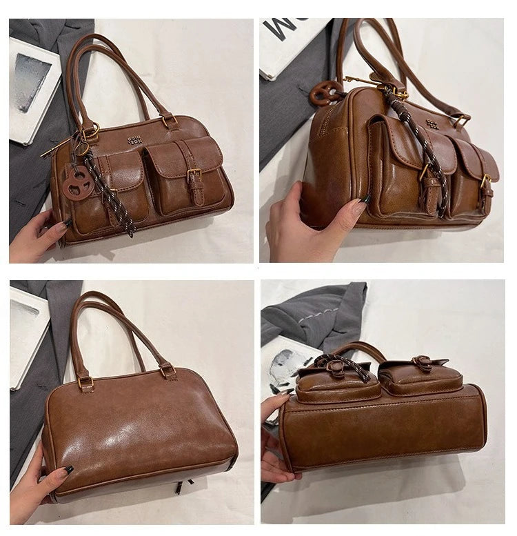 Women's Retro Solid Color Pu Leather Shoulder Bag with Multiple Pockets Large Capacity Comes with A Detachable Accessory Charm