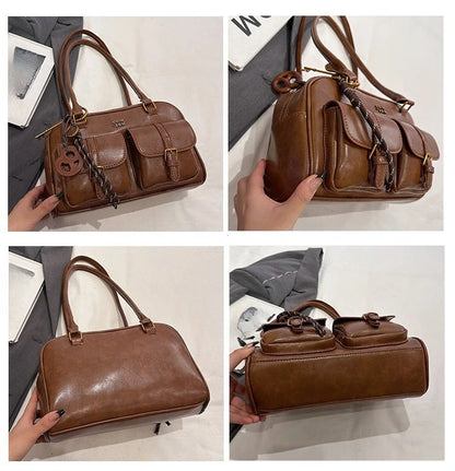 Women's Retro Solid Color Pu Leather Shoulder Bag with Multiple Pockets Large Capacity Comes with A Detachable Accessory Charm