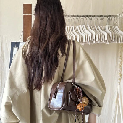 Black Brown PU Leather Tote Bag with Double Pouch Large Capacity Single Shoulder Armpit Bag Vintage Handbag Women for Daily Use