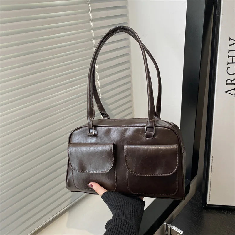 Black Brown PU Leather Tote Bag with Double Pouch Large Capacity Single Shoulder Armpit Bag Vintage Handbag Women for Daily Use